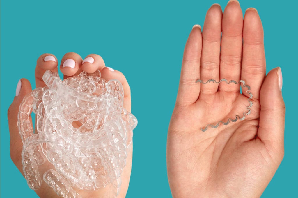 A pair of hands holding clear orthodontic aligners on the left and a small, transparent dental retainer on the right against a teal background.